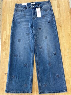 Embroidered Wide Leg Jeans - Blue